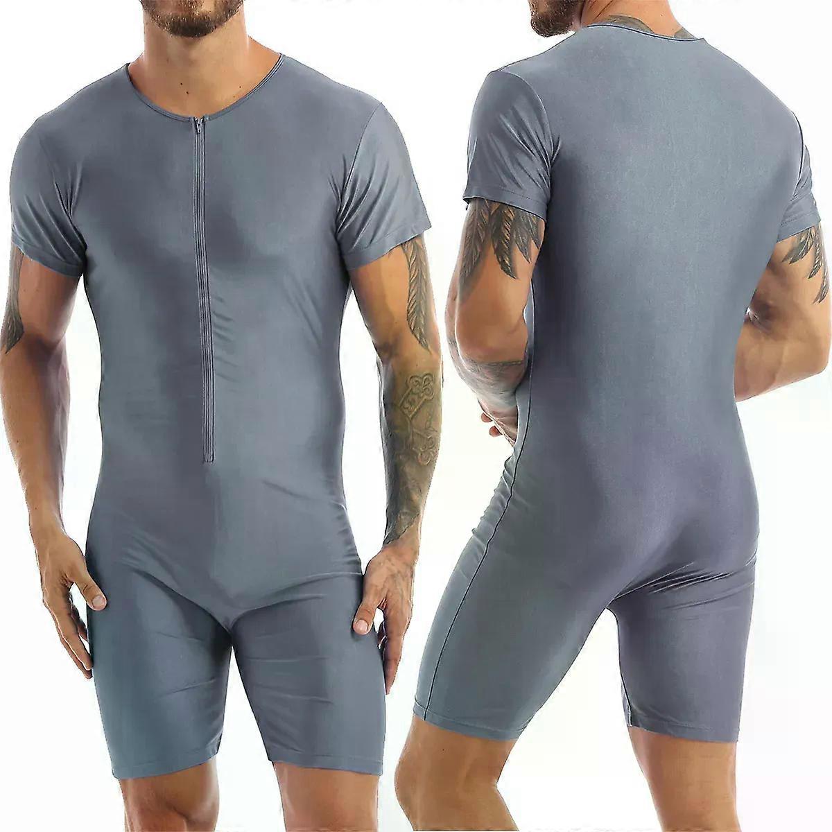 Maillots de bain une pièce pour hommes Fermeture éclair à manches courtes Glossy Soft Boxer Body Maillot de bain Plage Piscine Party Maillot de bain Rash Guard Combinaison