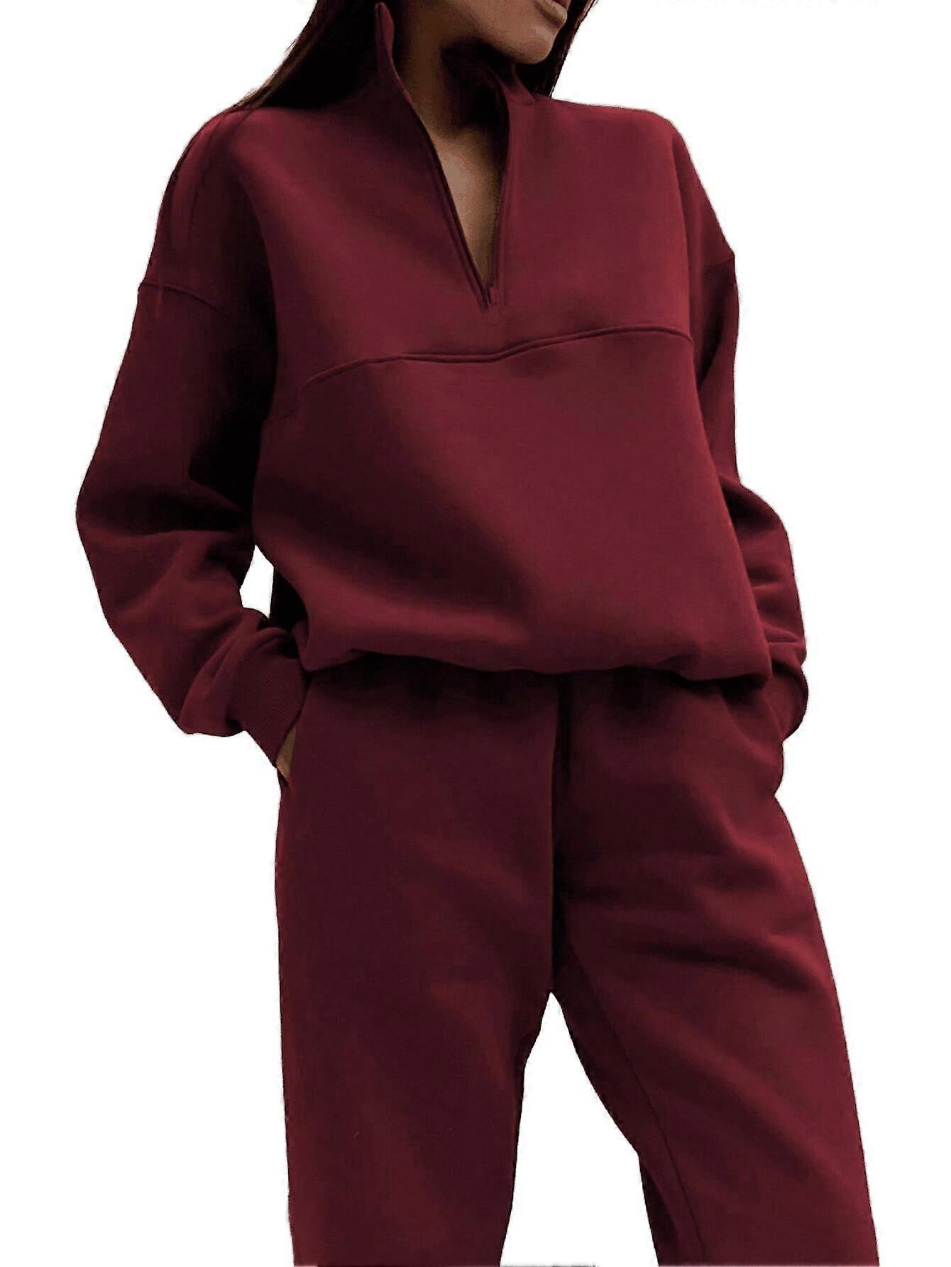 Tvådelad Kvinnor Ståkrage Långärmad Mångsidig Casual Mode Förtjockade Byxor Kostym Höst Vinter Vinröd