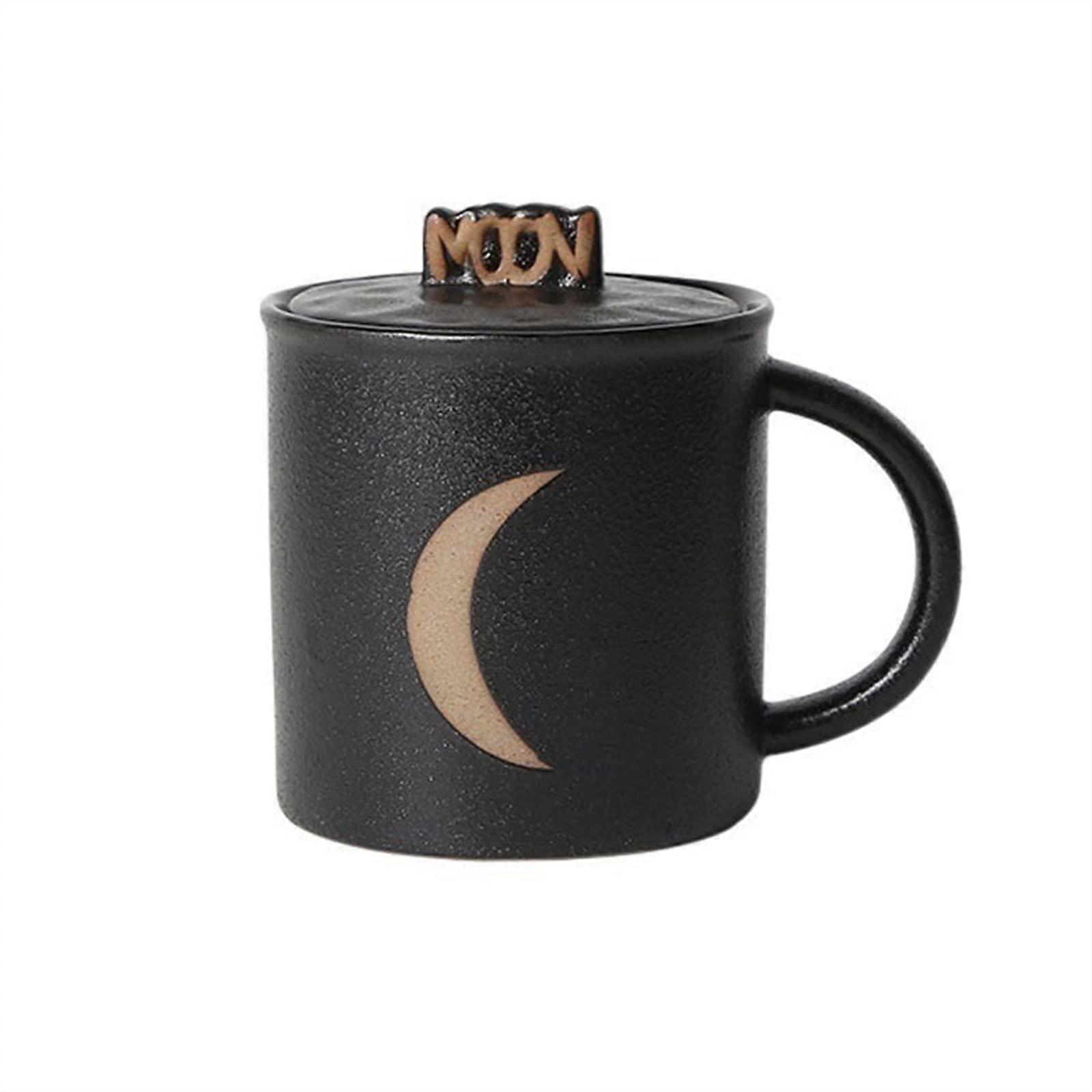 Ceramic Coffee Mug 400ml with Lid, Rustic Tumbler, Sun and Moon Design, Ideal for Home and Office Use