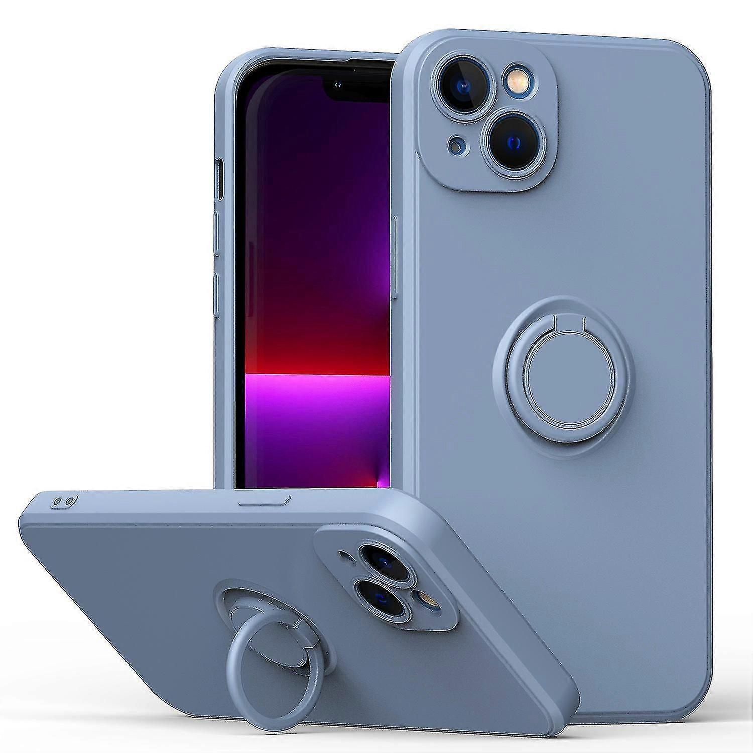 Simple Color Phone Case For Iphone 14 Plus With Ring Stand, Metal Plate For Magnetic Charging, Shock Absorption Design, 360 Rotating Stand