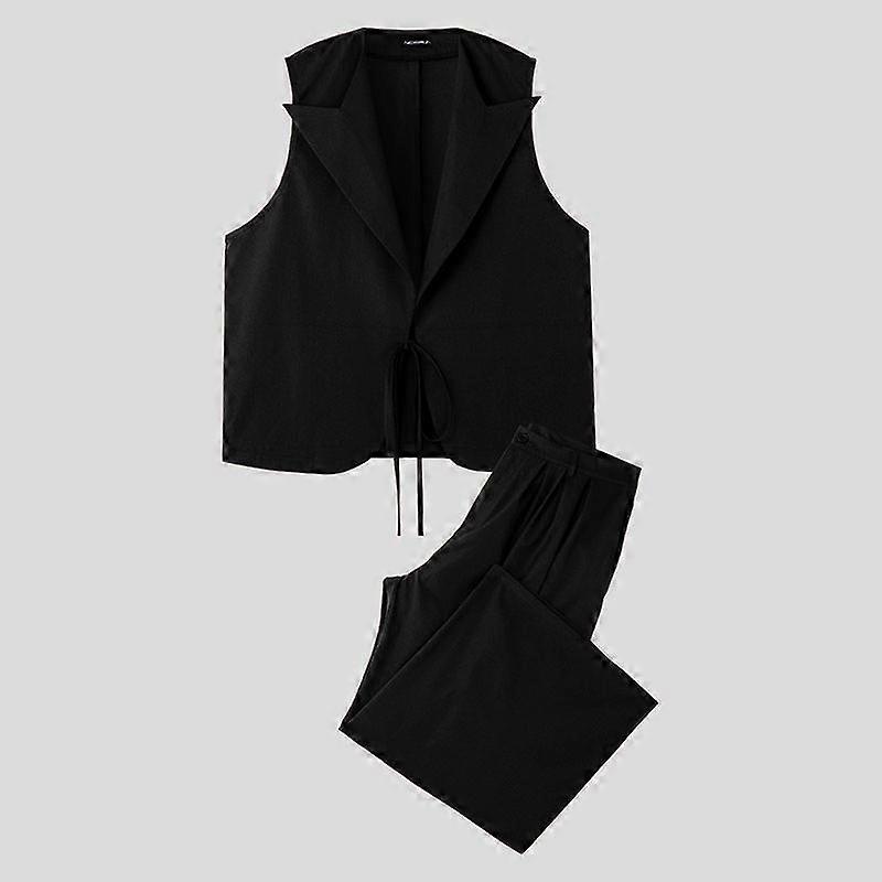 INCERUN Oversized Men Sleeveless Lace-up Vest Waistcoat And Long Wide Legs Pants Sets