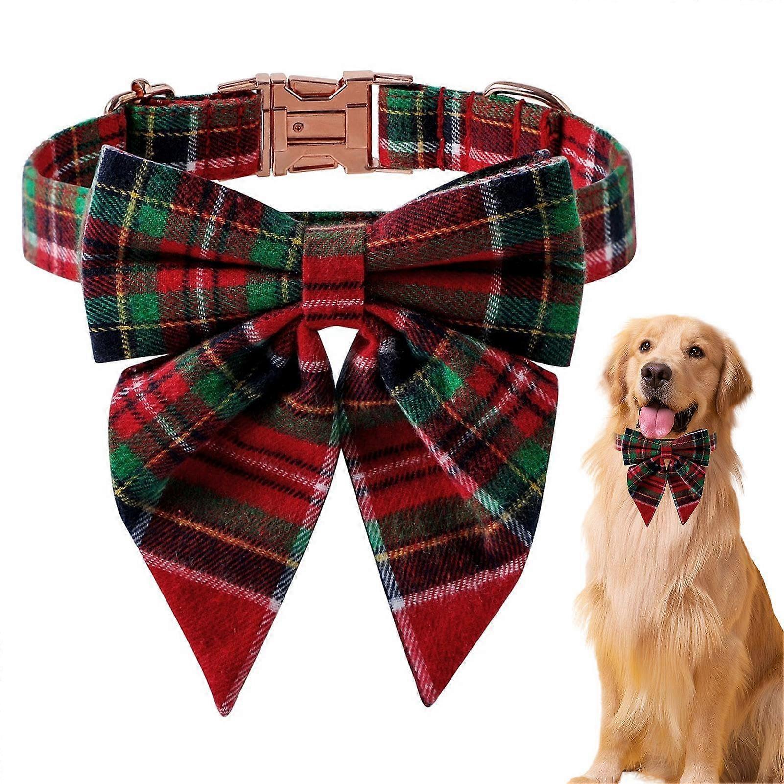 Dog Bow Tie Collar - Red Plaid Pattern, Adjustable Puppy Collar, Classic Pet Collar With Papillon Bow