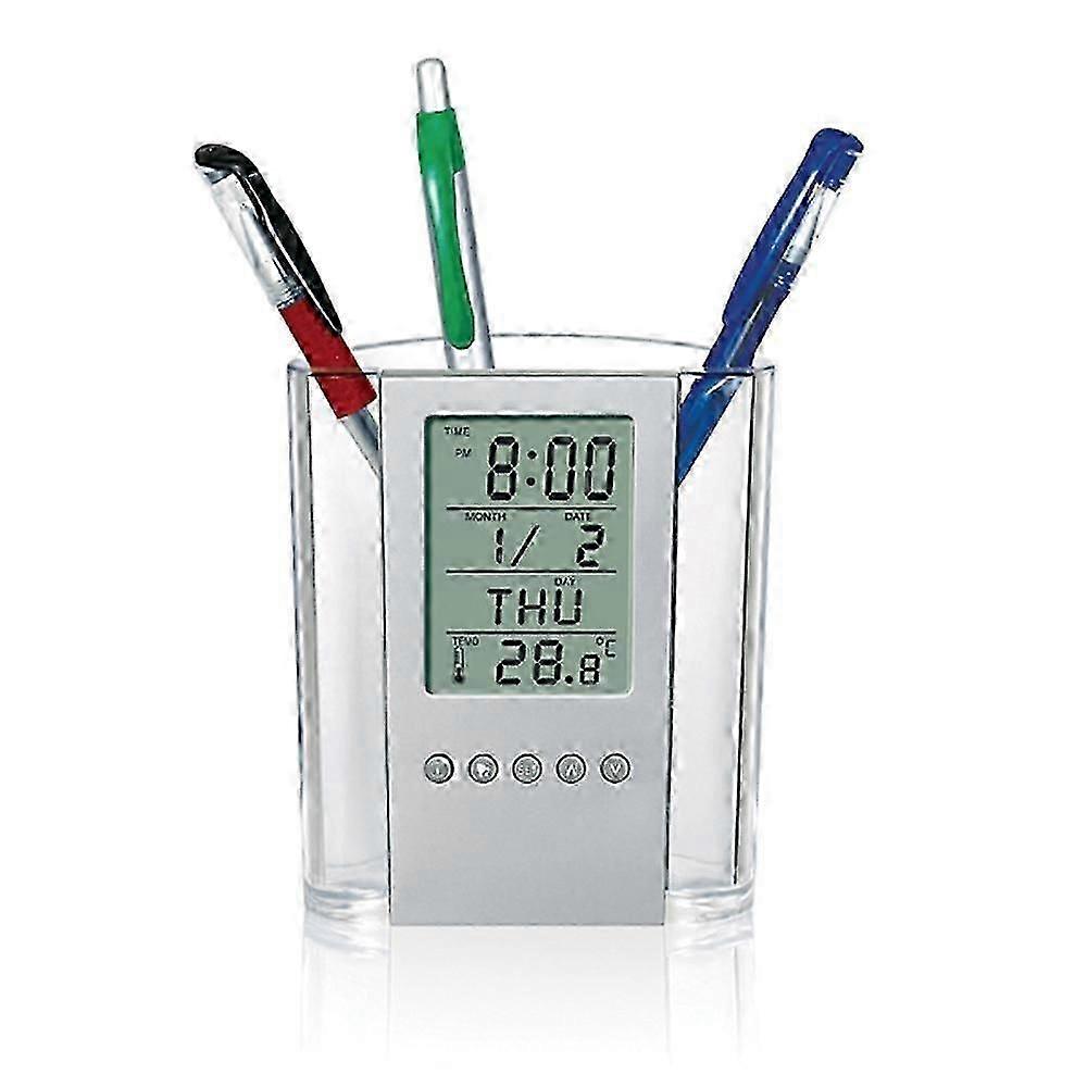 Pen Pencil Holder Digital LCD Desk Alarm Clock Pen Holder Calendar Timer Temperature Desktop Electro