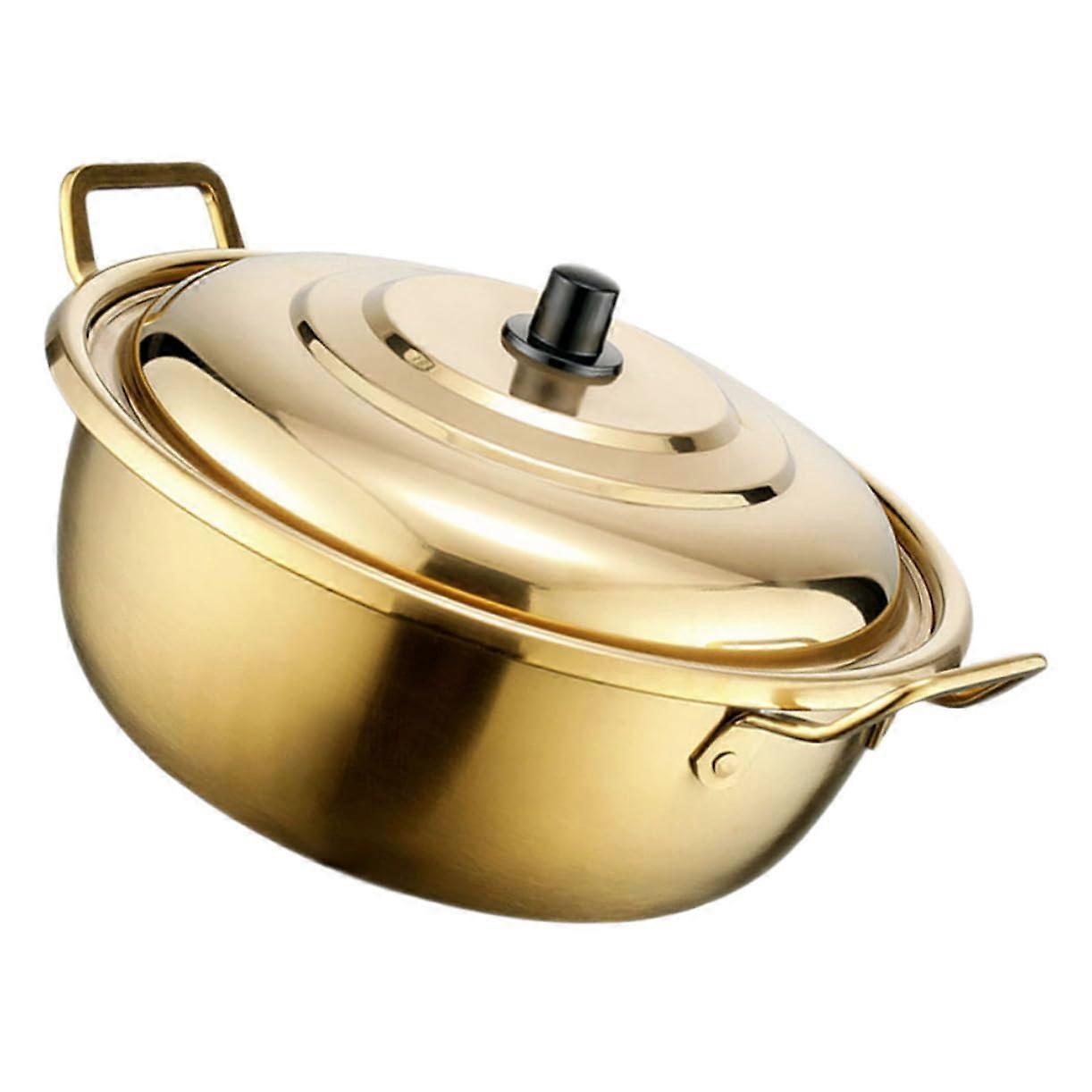 Lidded soup pot with double handles, versatile ramen pot for pasta, soup, sauce, and cooking, safe and practical for stovetop use.