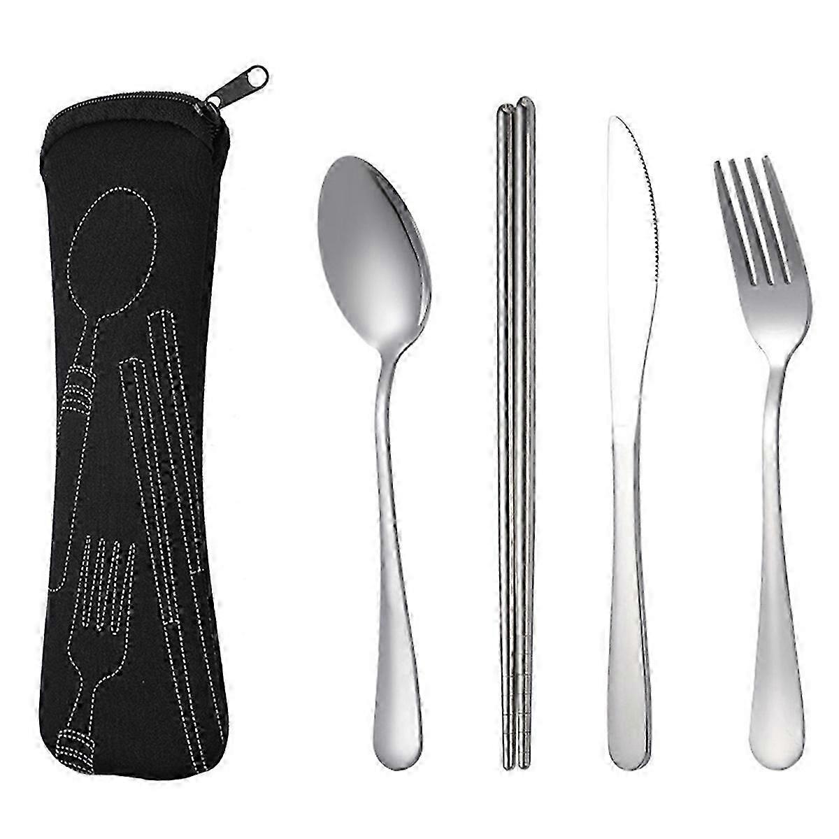 4Pcs Set Dinnerware Portable Spoon Fork Steak Knife Set Black