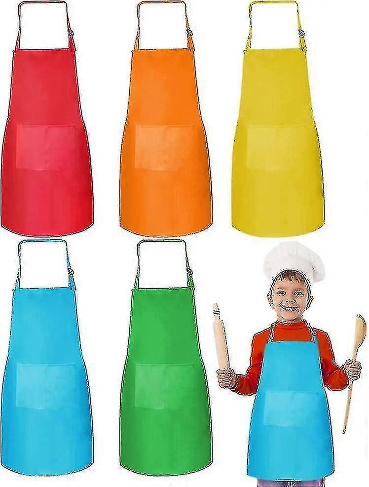 Children's cooking aprons, 5-piece set, adjustable, multi-colored with practical pockets