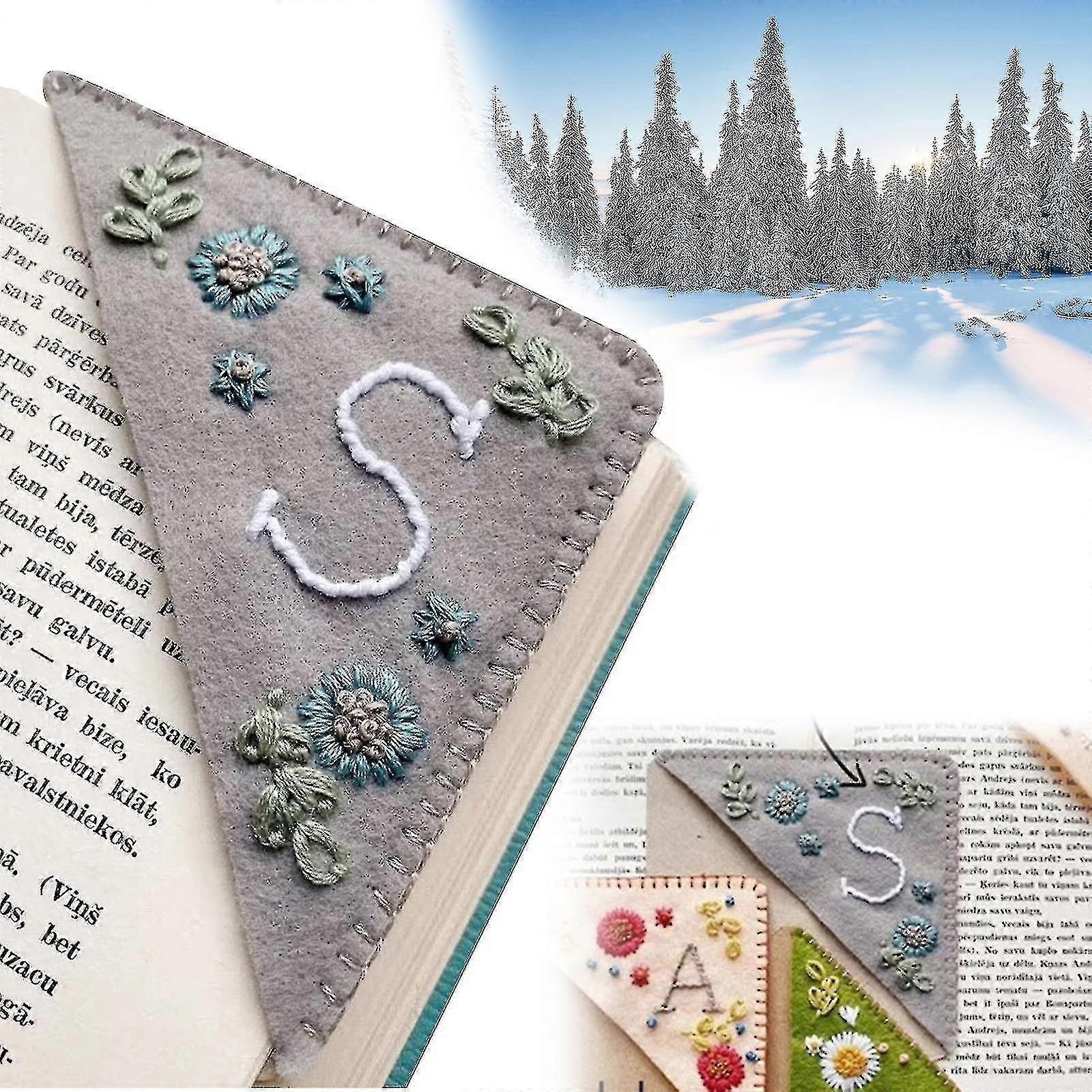Felt triangle bookmark hand embroidered with flower letter design