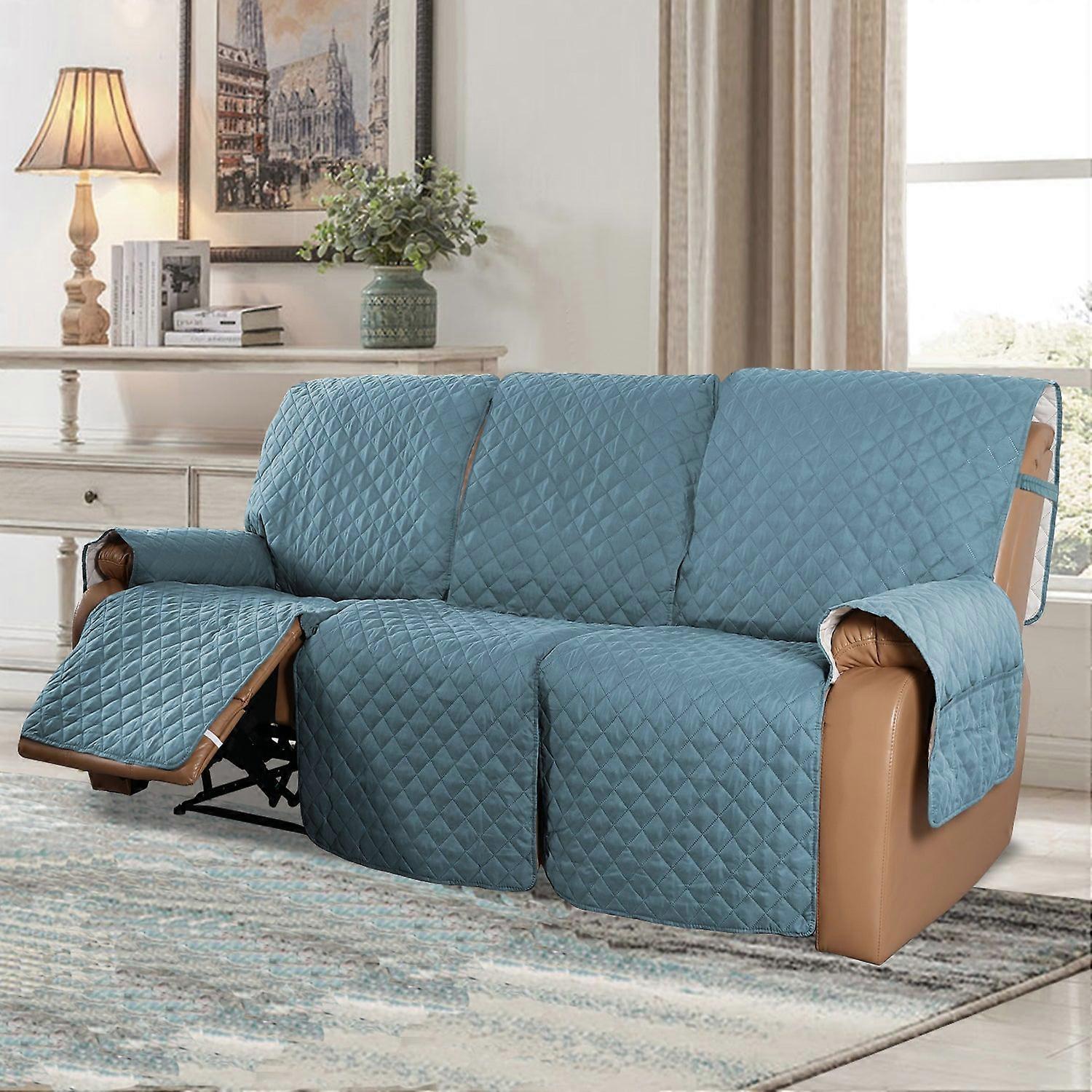 Recliner Sofa Cover For 1/2/3 Seater With Pocket, Slipcovers Reversible Washable Elastic Adjustable Strap For Home, Stone Blue