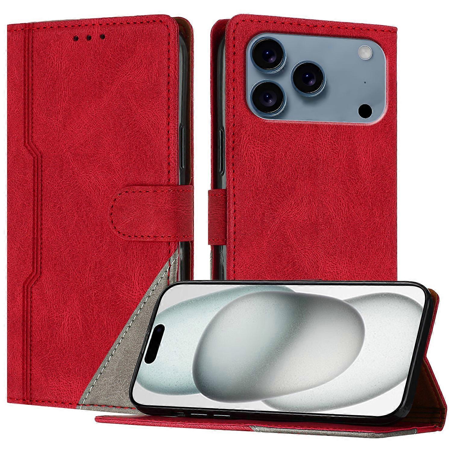 Compatible For iPhone 17 Pro Leather Case Triangle Patchwork Wallet Stand Shockproof Phone Cover