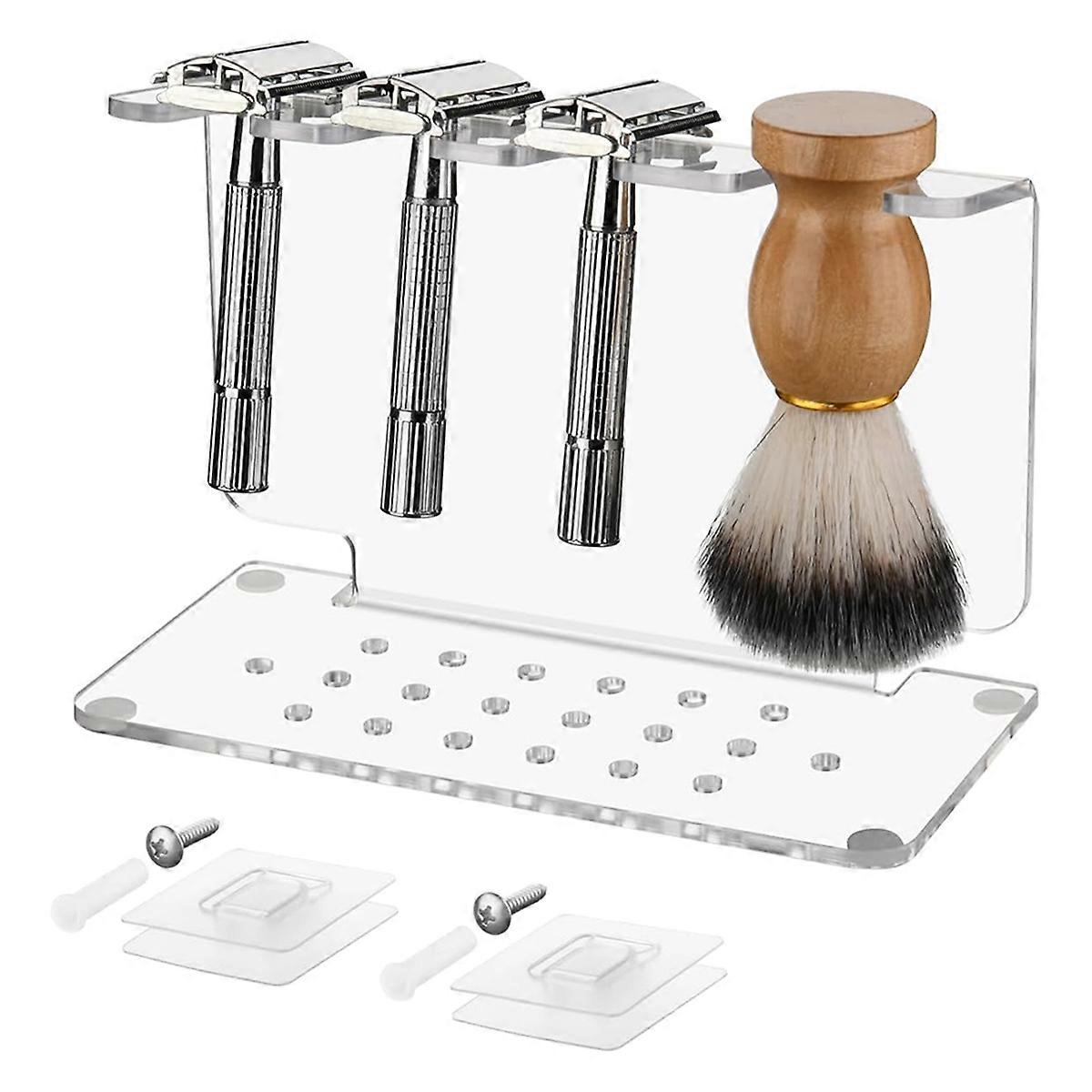 Acrylic and Brush Stand, Clear, Space-Saving Design, Compatible with Most Shaving Tools, Holds 3 Ra