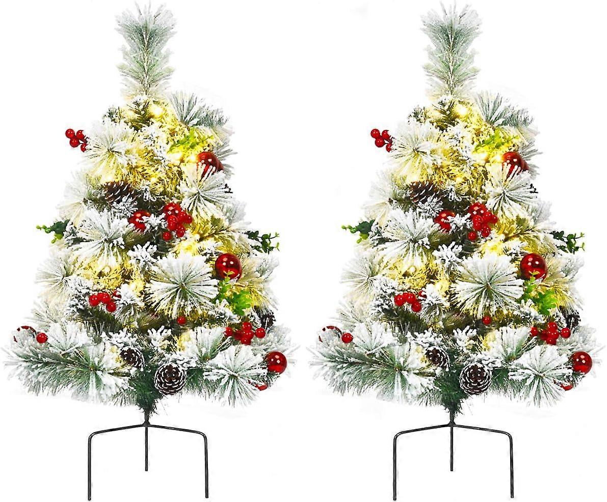 Set of 2 29" Snow Flocked Christmas Trees, Battery Operated Pre-Lit with 30 Warm White LEDs, 8 Modes, for Yard Garden Decor