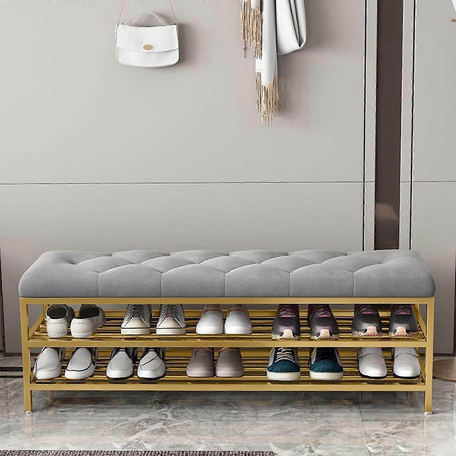 Modern 2Tier Shoe Rack With Cushioned Seat Entryway And Bedroom Storage Bench SpaceSaving Organizer 120 x 30 x 46 cm
