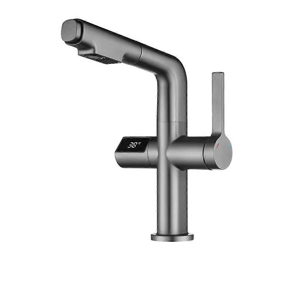 Grey Intelligent Digital Display Basin Faucet Pull Out Basin Tap Hot And Cold Brass Deck Mount Mixer Tap Gun Grey
