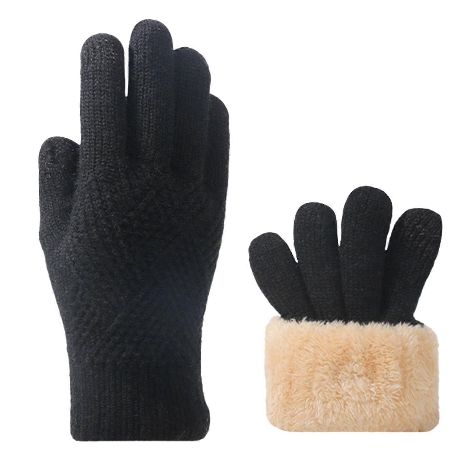 1 Pair Winter Knitted Gloves Thick Plush Solid Color Double-layered Screen-touching High Elasticity Windproof Keep Warm Cycling Gloves