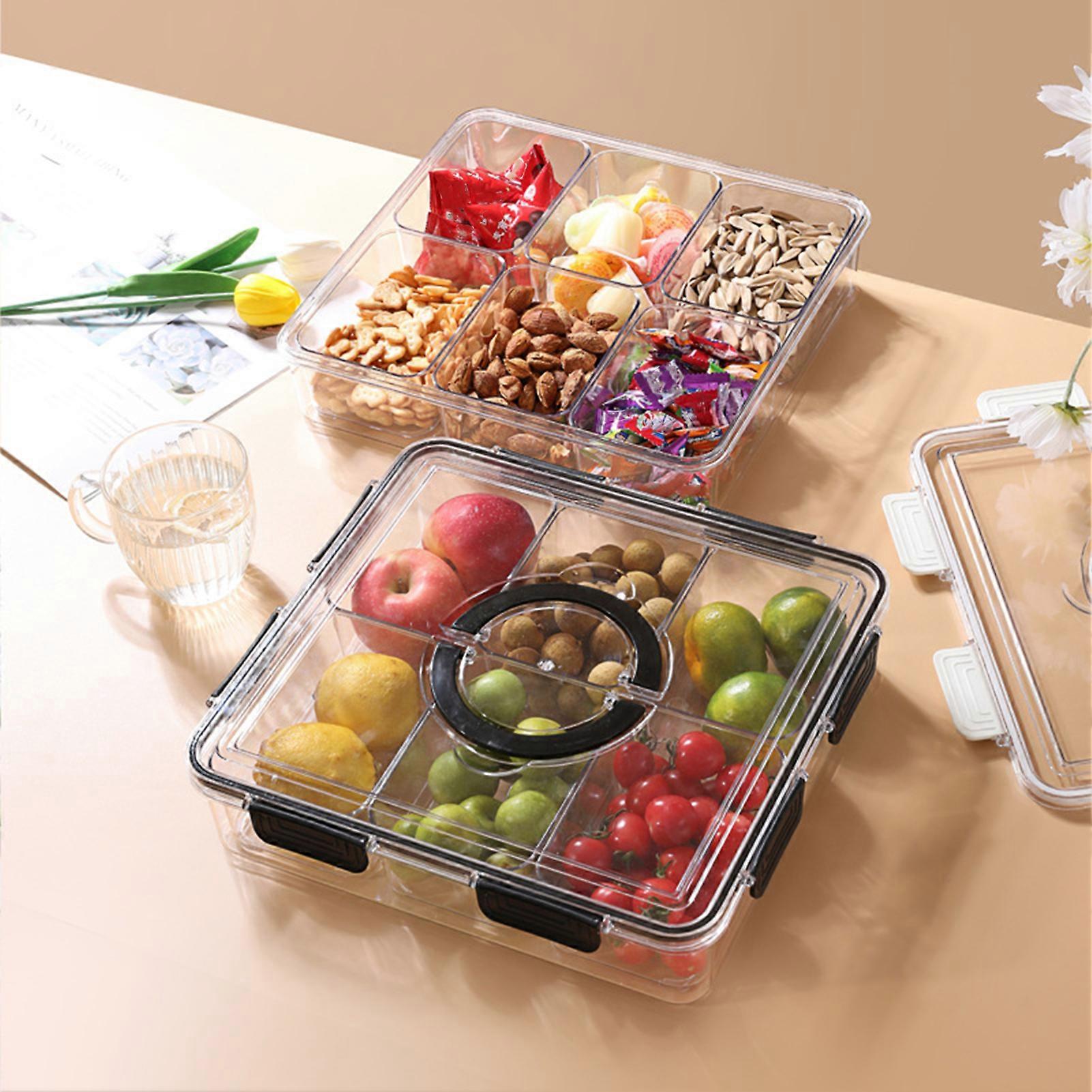 SUSUchens Fridge Food Storage Box, Transparent Airtight Multi-Compartment with Handle & Lock, Dustproof Moisture-proof, Black