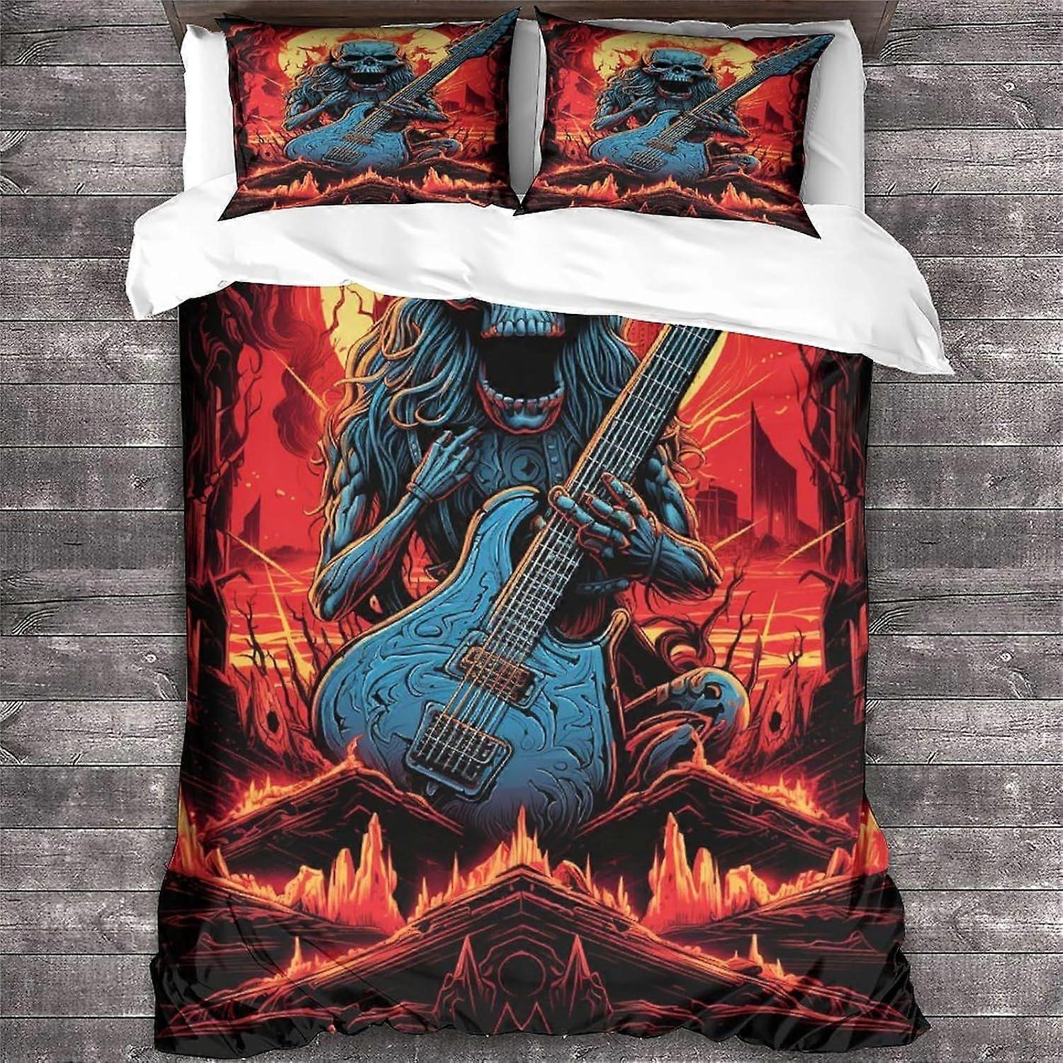 3 peças Rock 'n' Roll capa edredom com fronhas, caveira Print Bedding Set com fecho com zíper, heavy metal guitarra colcha capa King