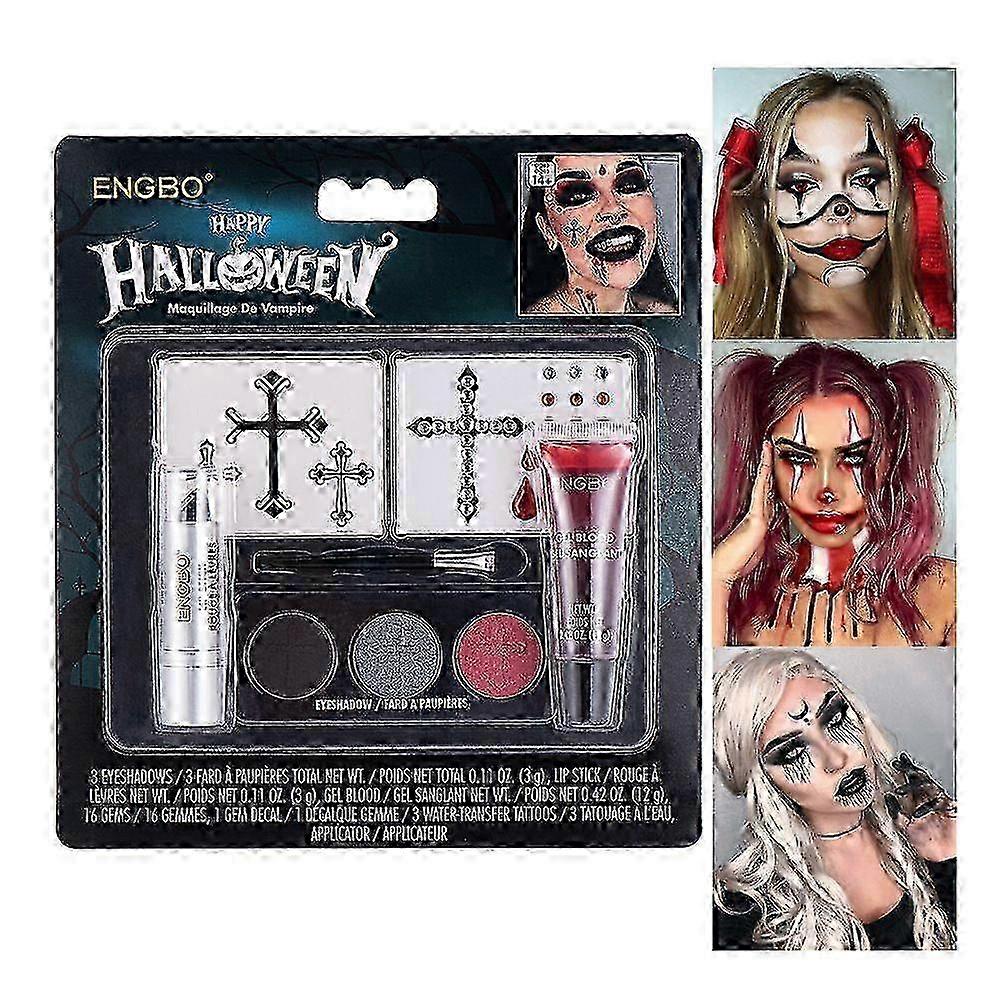 Halloween Vampir Make-up Set, Halloween Make-up Set für Erwachsene, Halloween Make-up mit Kunstblut, Gesichtsfarbe, schwarzer Lippenstift