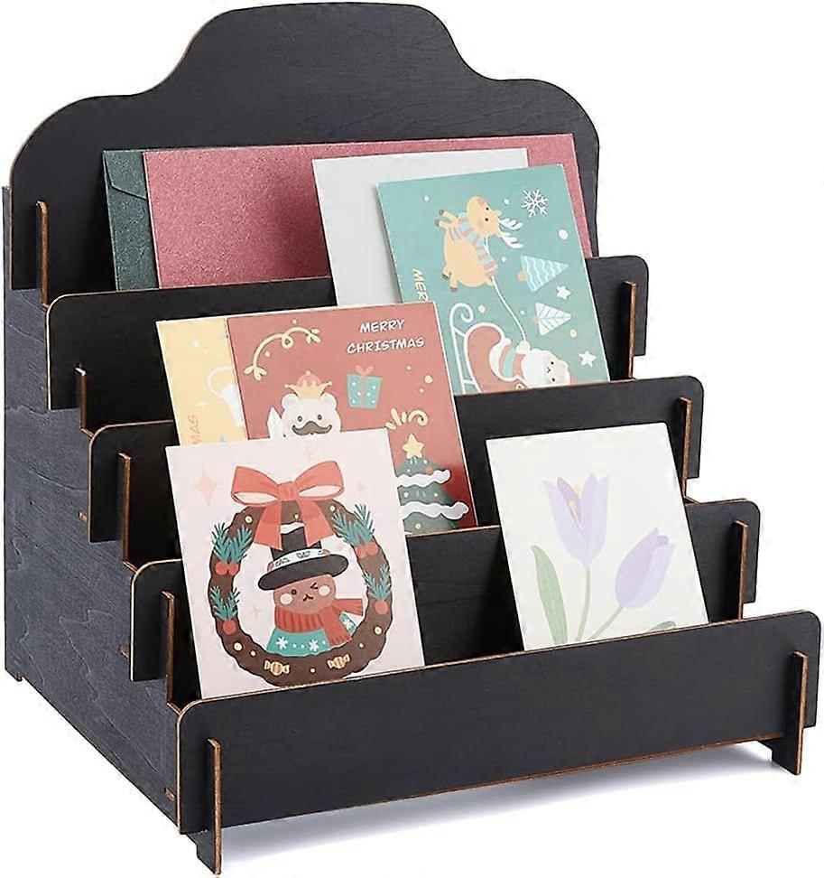 1Set 4-Tier Greeting Card Display Stand Wood Sticker Display Stand Black Portable Card Rack Display Postcard Display Shelf Jewelry Organizer Holder fo