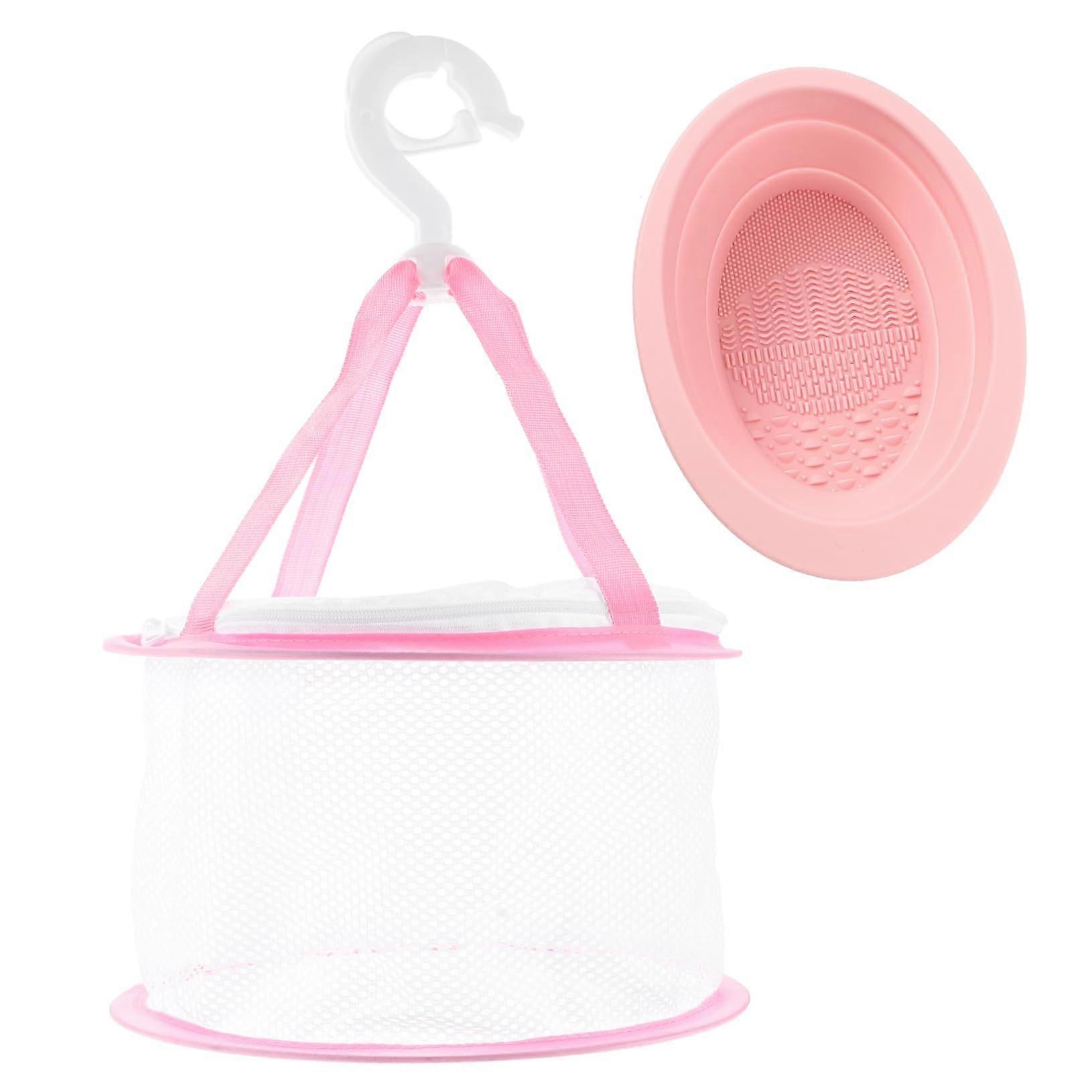 Silicone Makeup Brush Cleaning Mat and Hanging Drying Net Set for Easy Cosmetic Tool Care Pink