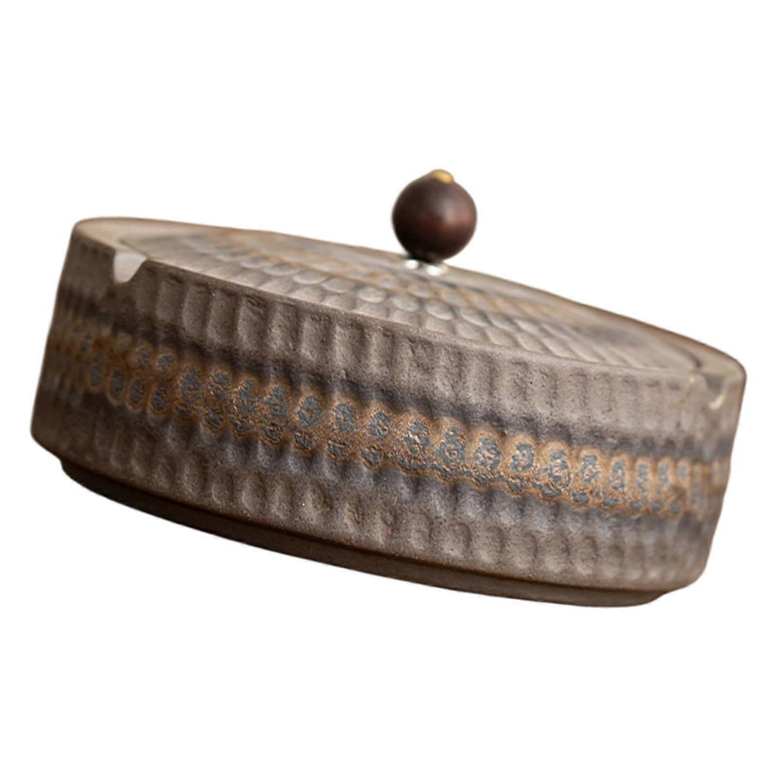 Multiuse Ceramic Ashtray Hammered Texture Round Covered Design Ashes Container for Home Office Teahouse Application Multicolor