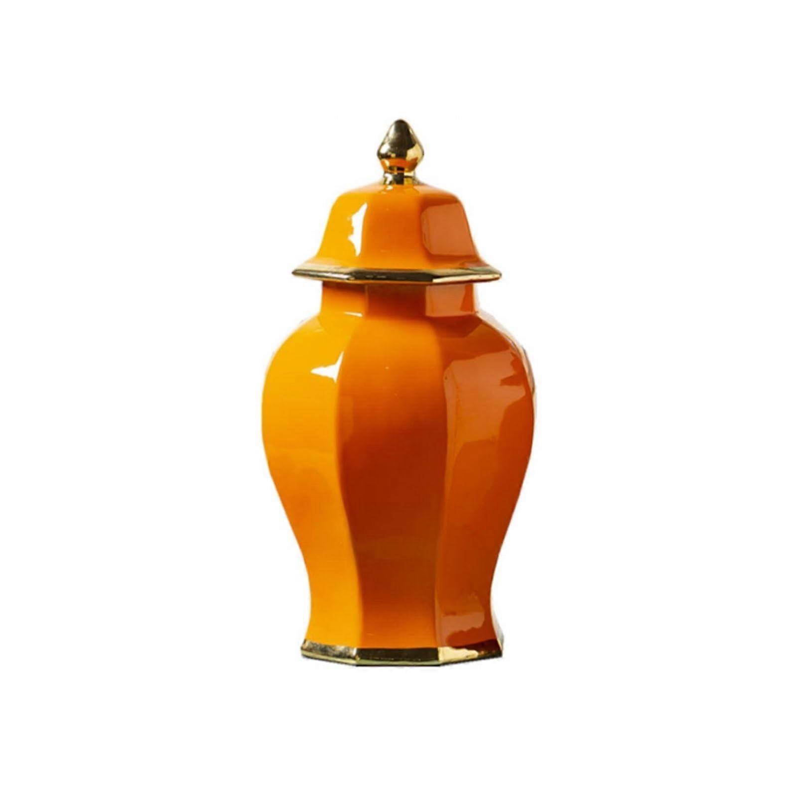 Large Orange Ginger Jar with Lid, Elegant Chinoiserie Porcelain Vase for Table Centerpiece Decor