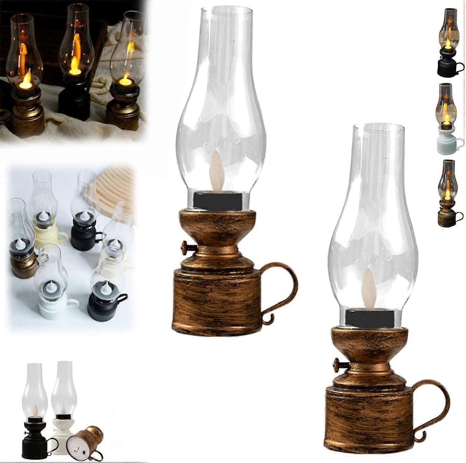 LED Vintage Kerosene Lamp with Flickering Flame, Flameless Lantern for Home Decor, 2pcs Bronze
