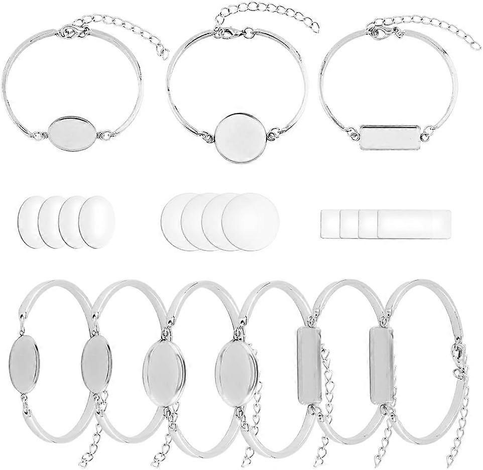 4 Styles Base Bangle Blank Settings 12Pcs Blank Cabochon Bracelet Alloy Curved Bar Link Chain with Flat Rond Oval Rectangle Blank Bezel Trays Link Bra