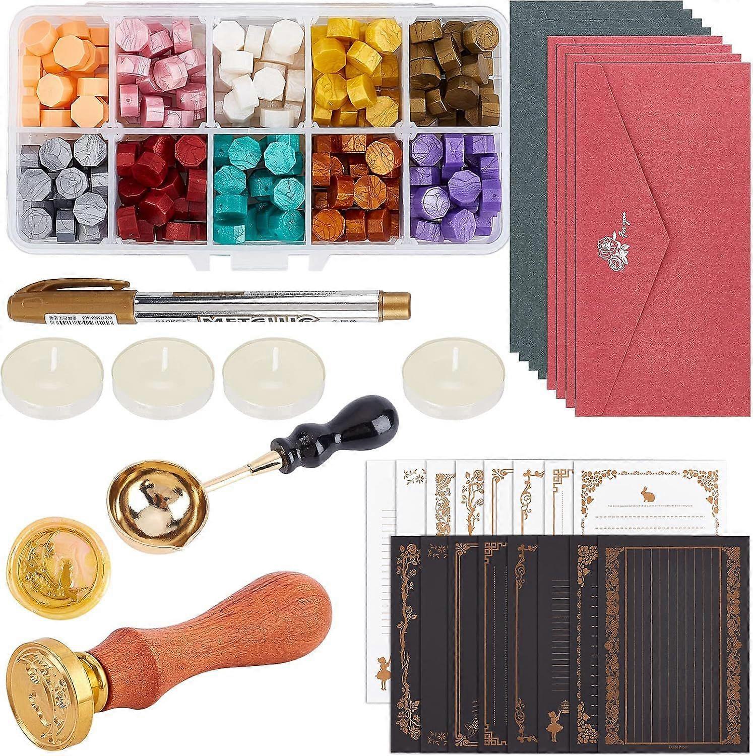 Wax Seal Kit 300PCS Wax Seal Beads 10 Colours with Wax Melting Spoon Cat Wax Seal Stamp Candles Marking Pens and Envelopes Set for Invitation Cards Gi