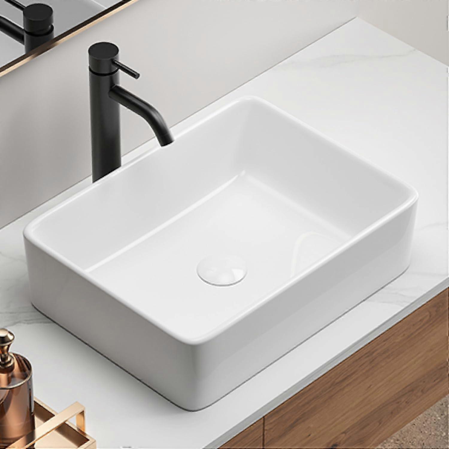 Modern White Ceramic Bathroom Sink 19x15 Inch Rectangular Vessel Basin Elegant Durable Topmount