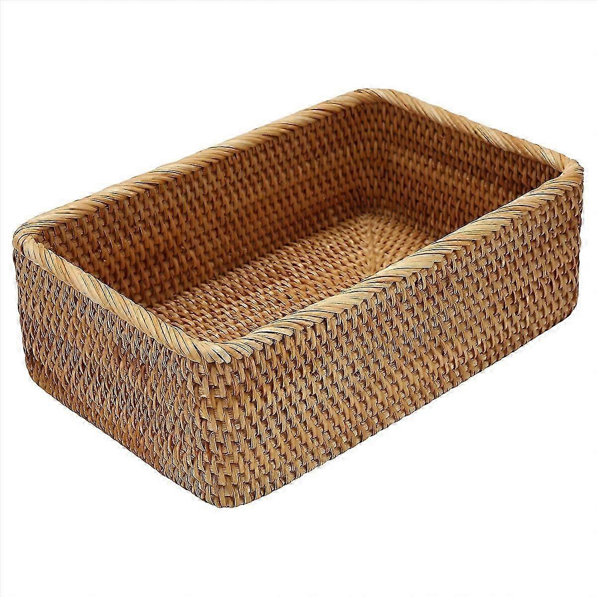 Hand-Woven Rectangular Rattan Wicker Basket Kitchen Household Tools-L