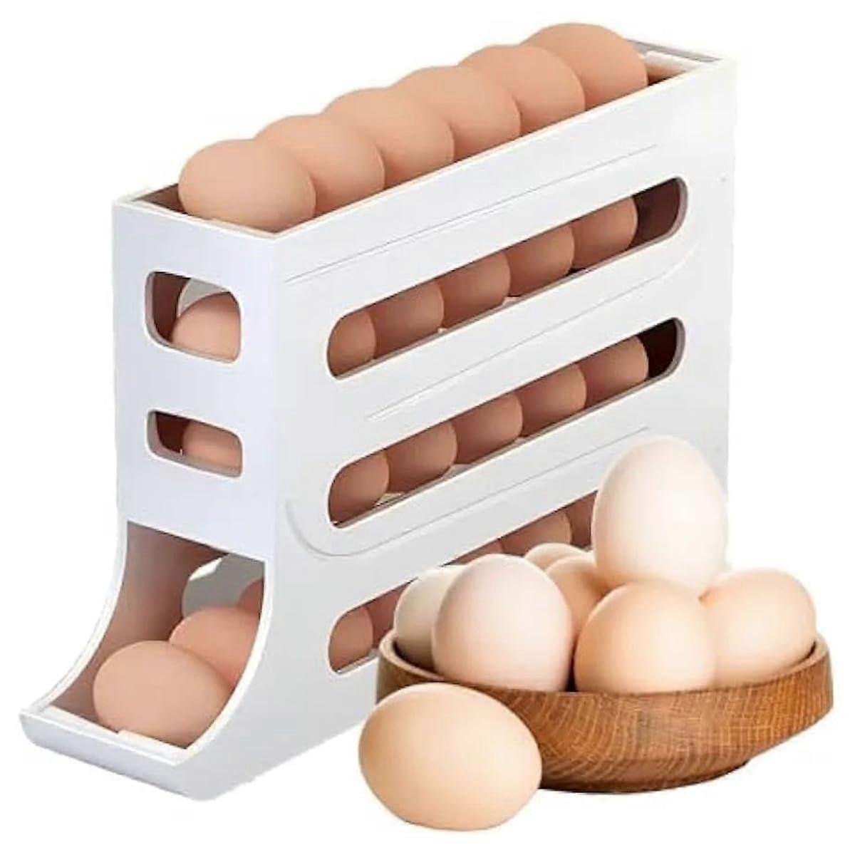 Automatic Rolling Egg Holder for Fridge, 4Tier SpaceSaving Organizer Tray, Holds 2428 Eggs, White