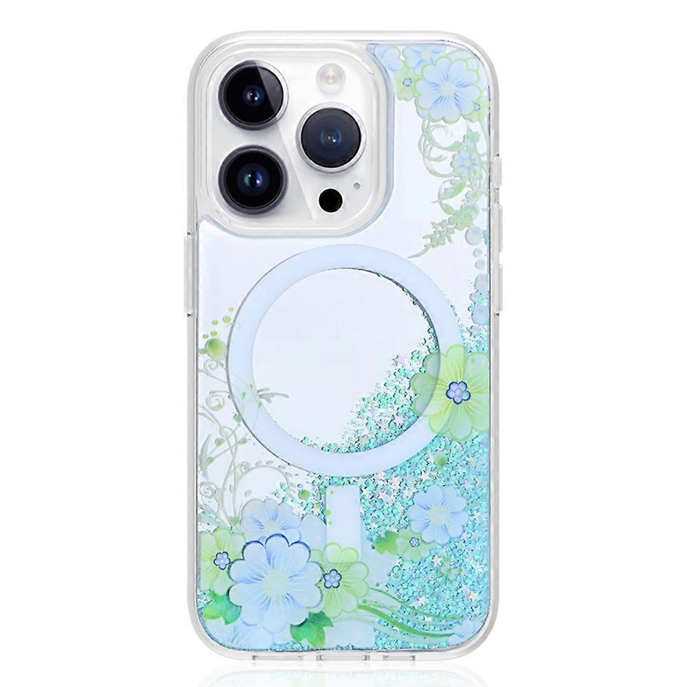 JAUCASE For iPhone 15 Pro Max Case Flower Pattern Mirror Surface TPU+PC Magnetic Cover