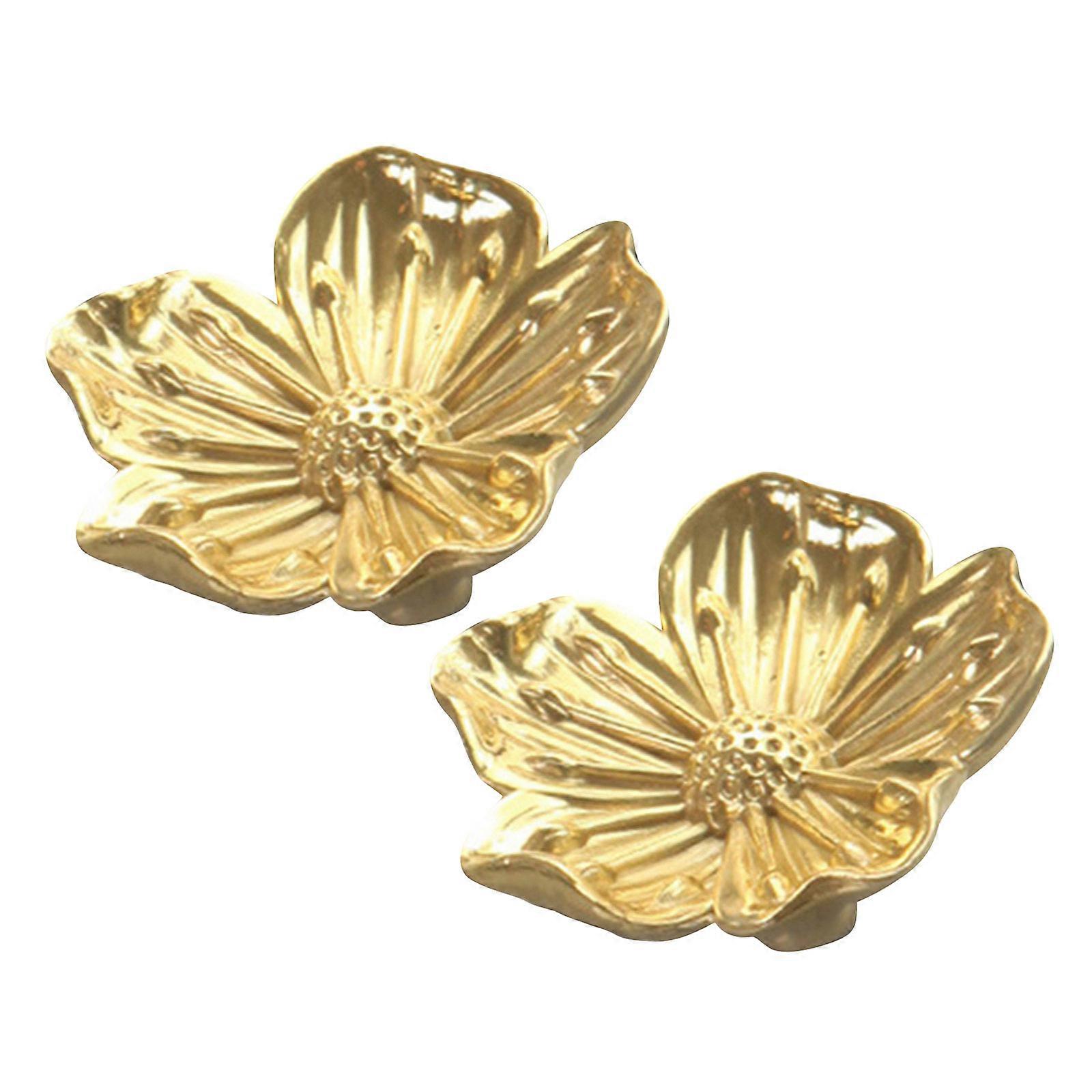 Brass Cabinet Knobs for Wardrobe Doors Vintage Flower Shape 2Pcs Gold