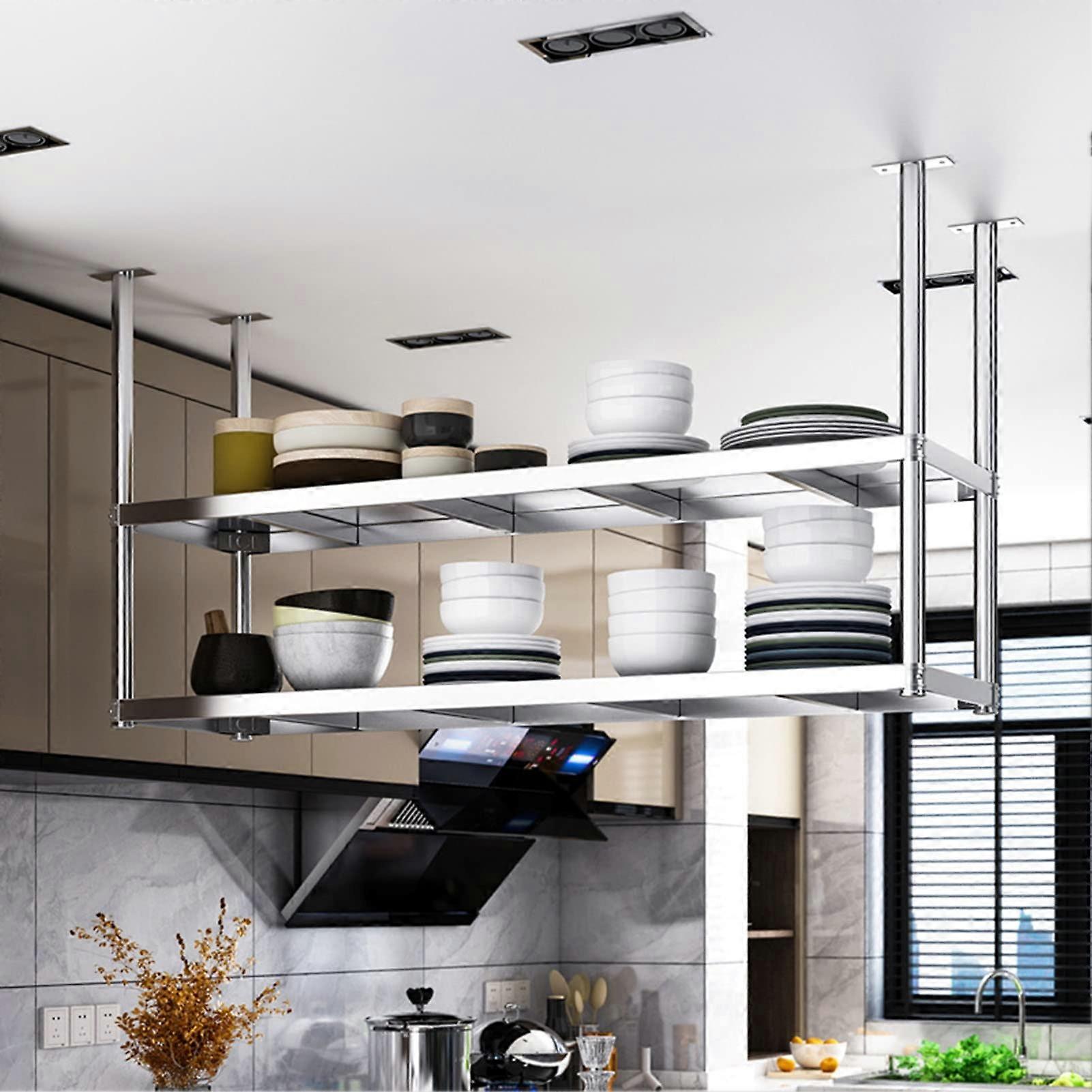 2Tier Ceiling Mounted Kitchen Storage Rack with Adjustable Height and Hanging Shelves 120x35x80cm