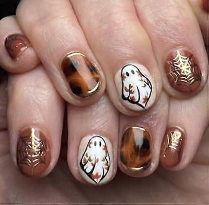 Halloween Press on Nails Short Brown Ghost and Spider Web Soft Gel False Nails with Glue