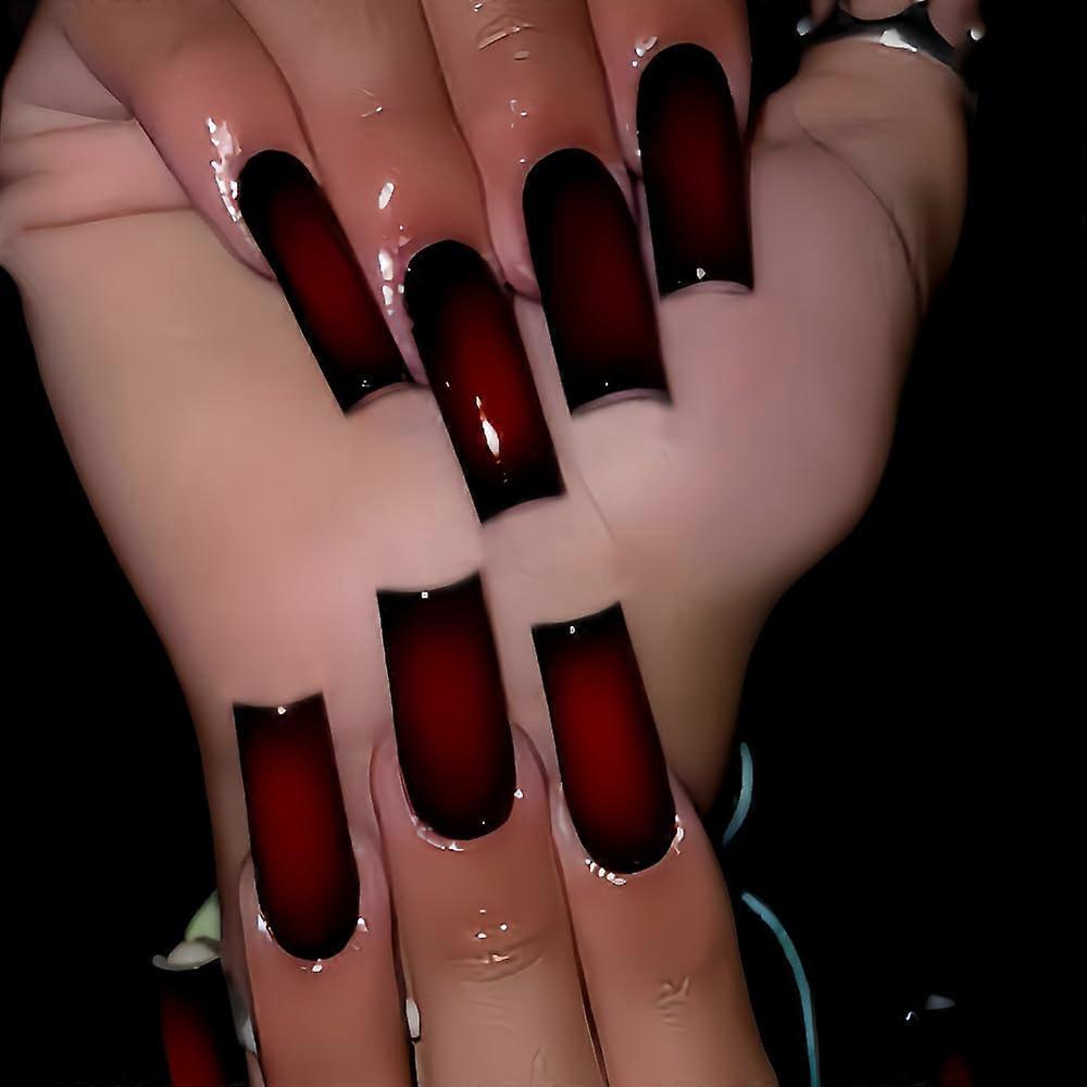 Halloween Red Gradient Press On Nails Medium Square Acrylic Fake Nails Gothic Wine Red Set 24pcs