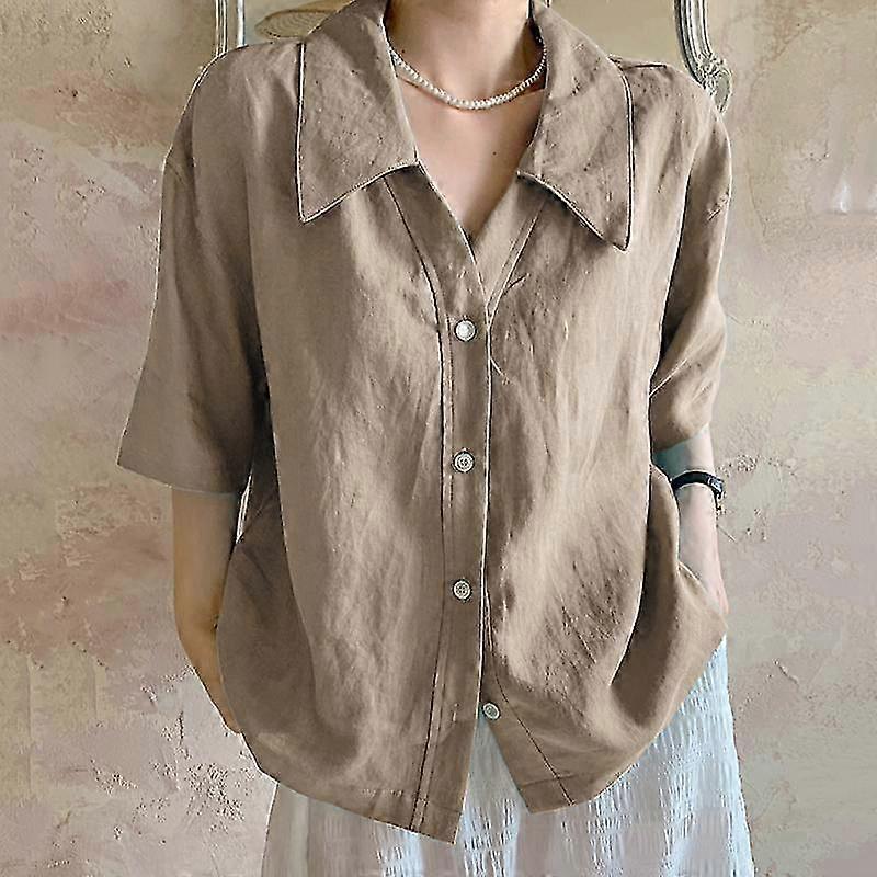 Women's Summer Cotton Blouse Casual Short Sleeve Button Down  Plus Size Breathable