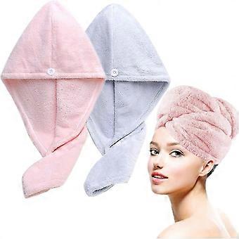 Set Of 2 Microfiber Hair Turban Head Towel Extra Absorbent Quick Dry Fluffy Button Closure Light Pink Light Blue