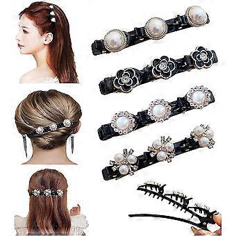 Braided Hair Clips with Pearl Sparkling Crystal Stone 4 PCS compatible with Girls and Women Hair Styling