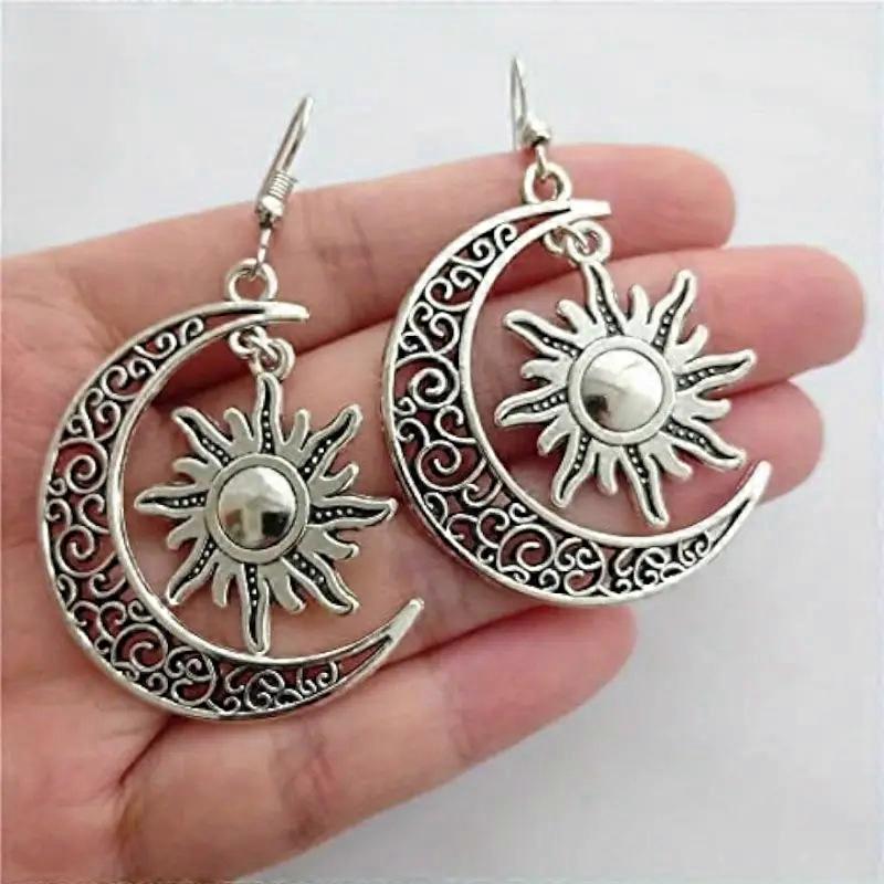 Moon with Sun Alloy Dangle Earrings Silver 58x34mm