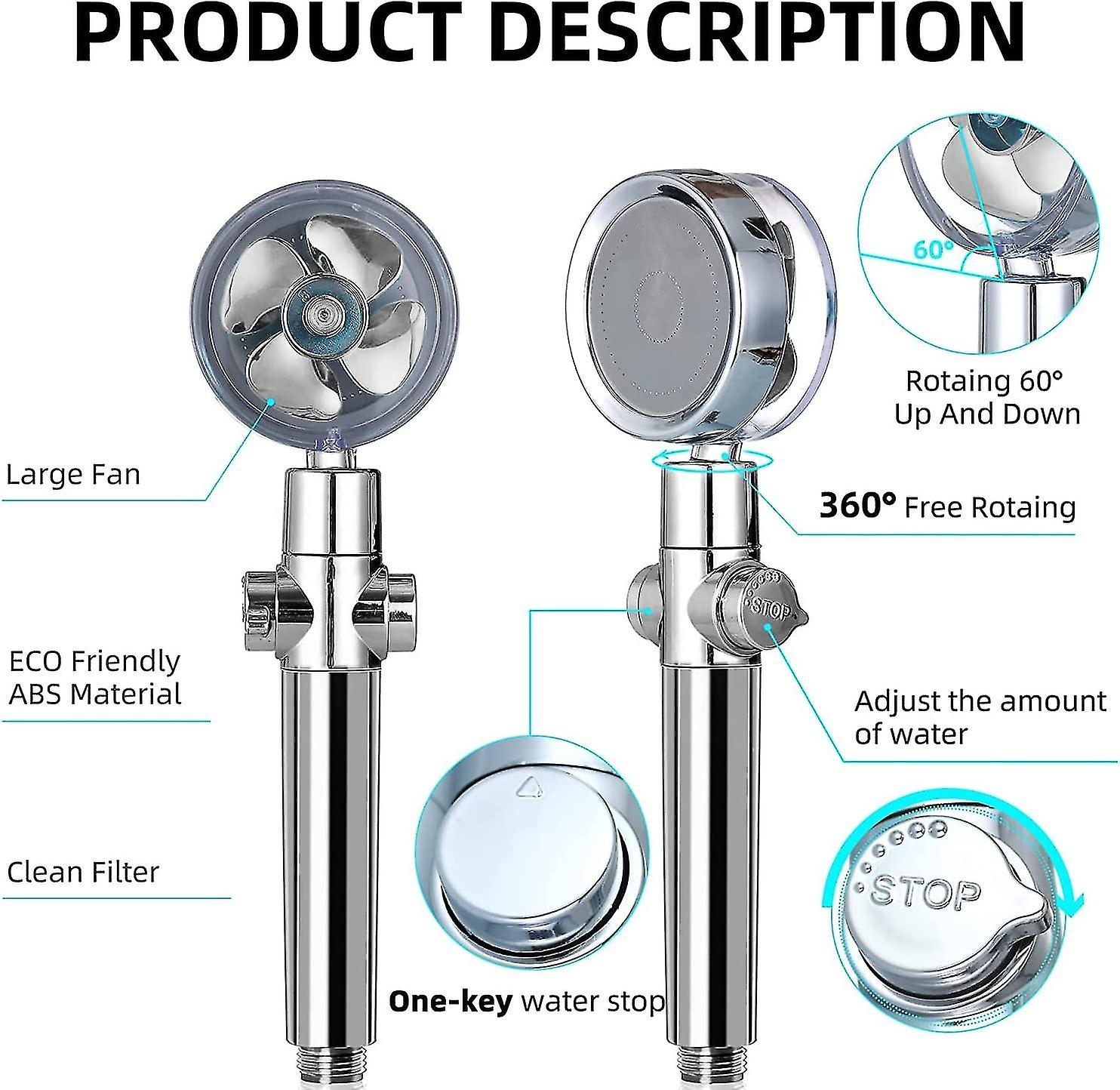 High Pressure Water Saving Shower, 360 Degrees Rotating Propeller Driven Handheld Shower Head With Filter, Turbo Spa Shower Head With Fan & Switch (bl