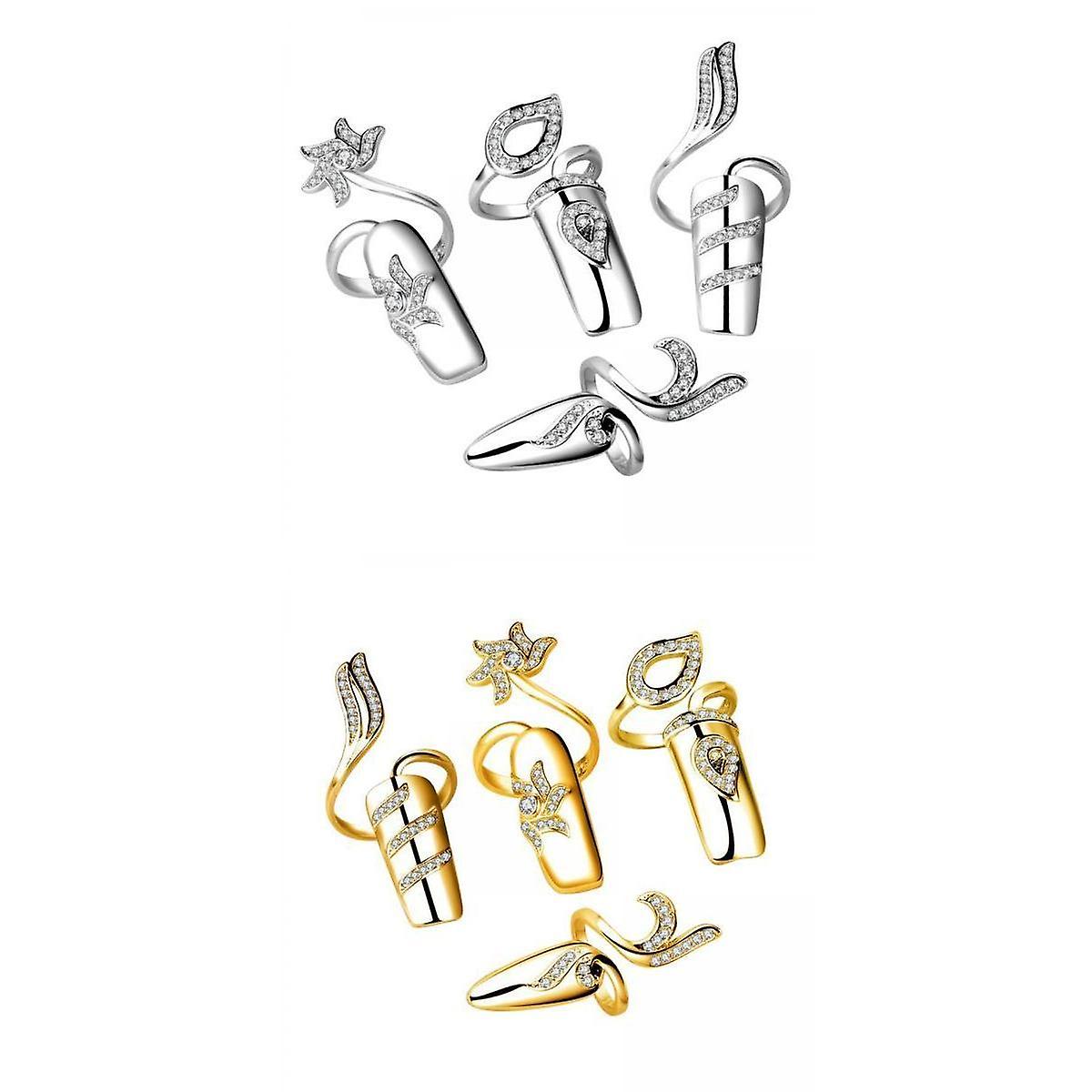 2 Set Rhinestone Fingertip Opening Ring Adjustable Nail Guard Cover Rings