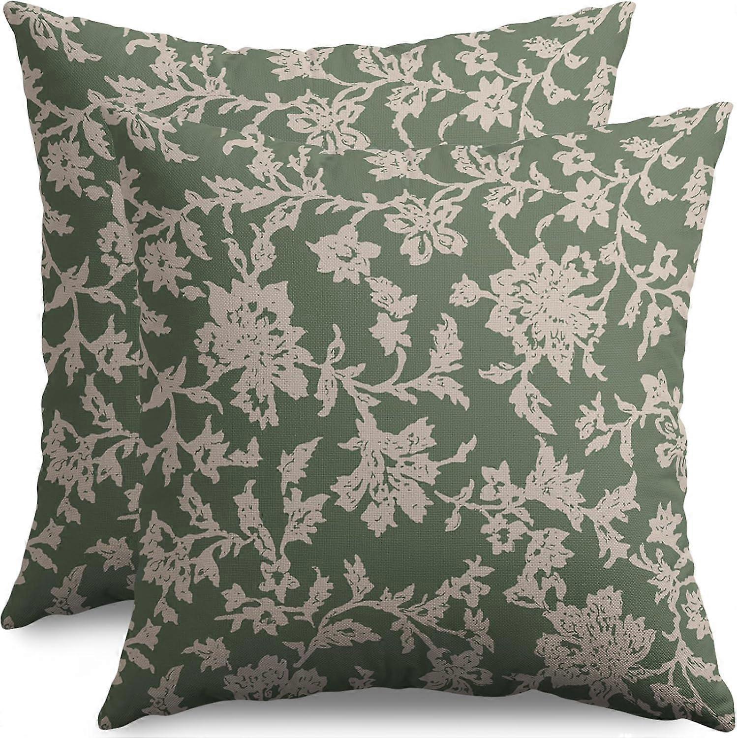 Vintage Floral Block Print Pillow Covers 18x18 Set of 2 Sage Green Brown Cream Flower Pattern Rustic Old Style Decorative Throw Pillow Cases Outdoor F