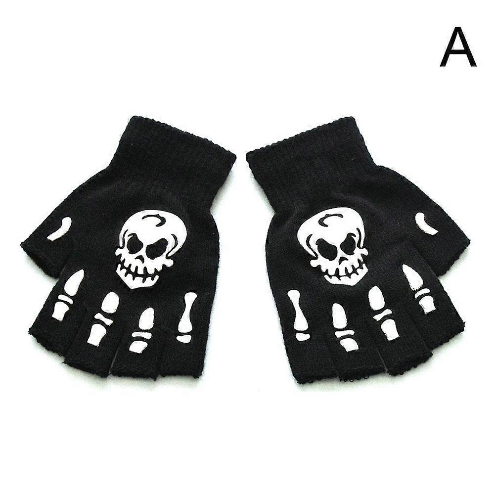 Gants demi-doigts Halloween fluorescents crâne main empreinte de patte tricot chaud antidérapant