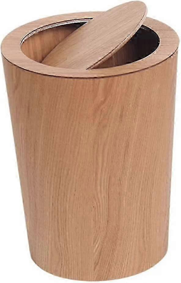 Wooden Waste Bin With Swing Lid Round Trash Can Kitchen Garbage Basket For Hotel Wood Trash Can