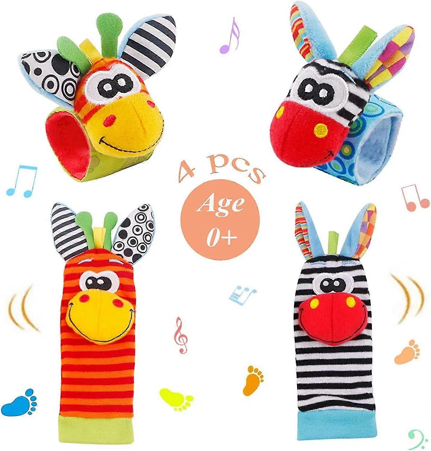 Baby Wrist Rattles Toys 4 Pcs Newborn Wrist Rattle And Footfinder Set, Soft Animal Rattle Toys For B