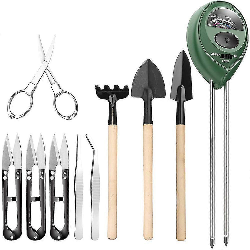 9 Pcs Bonsai Tools With Soil Moisture Meter, 3-in-1 Moisture Sensor/sunlight/ph, Include Pruner, Folding Scissors, Mini Rake, Bud & Leaf Trimmer Set