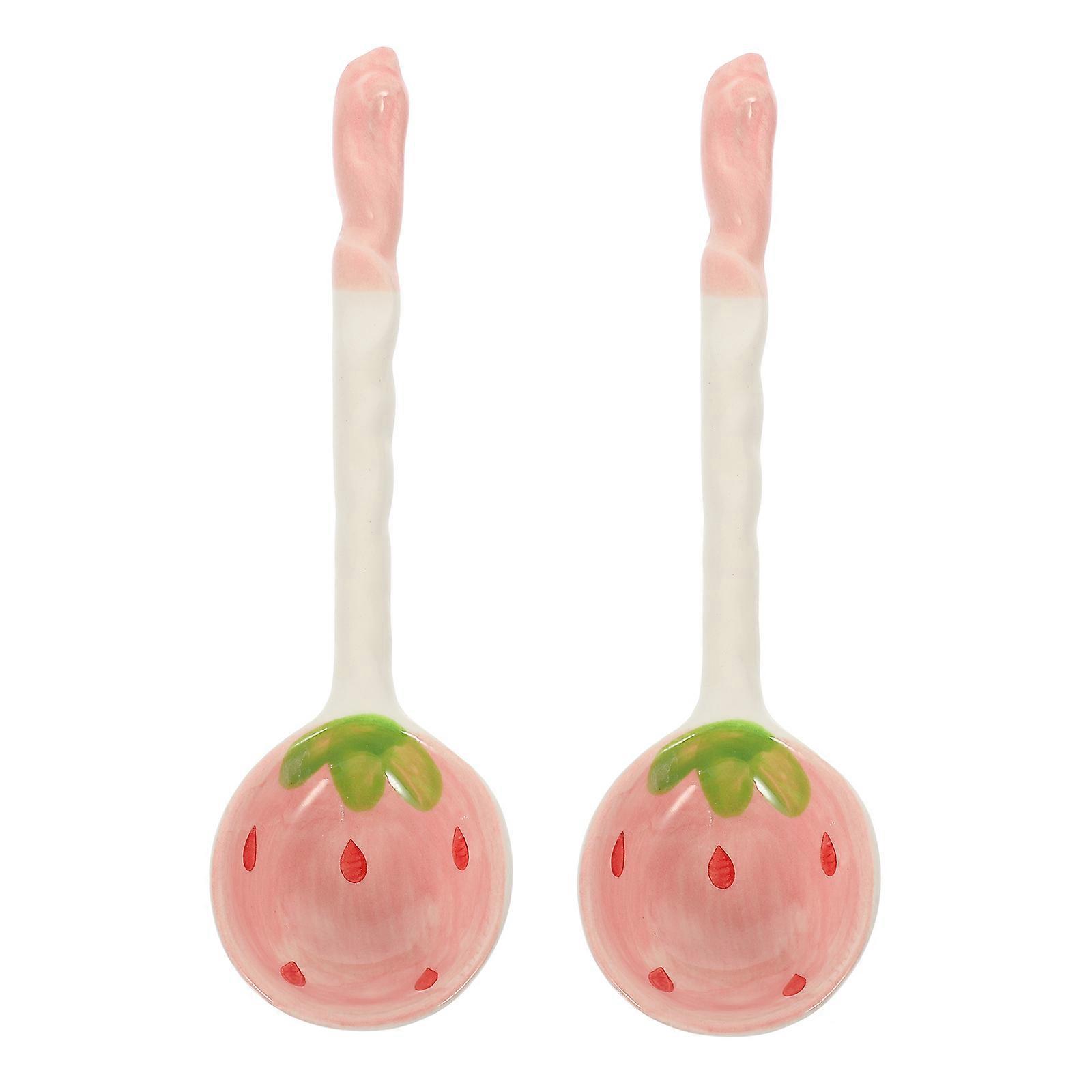 2Pcs Household Ceramic Spoons Fruit Pattern Ceramic Spoons Long Handle Spoons Kitchen Spoons