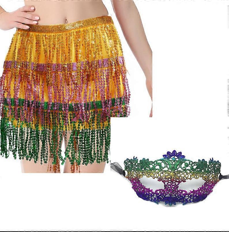 Sequin Lace Mask Skirt, 4 Layers Sequin Fringe Skirt and Venetian Mask, Sequin Oriental Dance Scarf and Mask, Sequin Fringe Skirt Women's Sequin Skirt