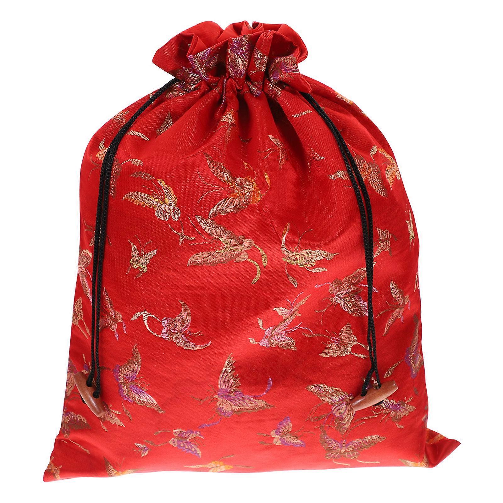 Silk Drawstring Bag Chinese Style Jewelry Pouch Storage Bag for Wedding Party (Red, Random Pattern)
